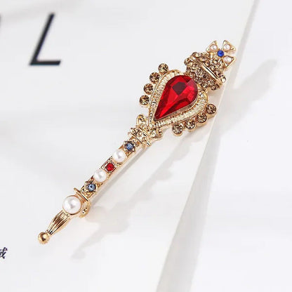 Fashion Retro Baroque Crown Ruby Crystal Small Magic Wand Brooch for Men and Wom