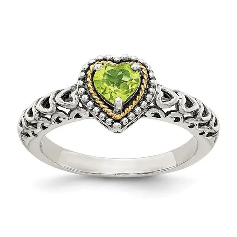 Shey Couture QTC878-6 9 Mm Sterling Silver with 14K Gold Peridot Ring, Antiq