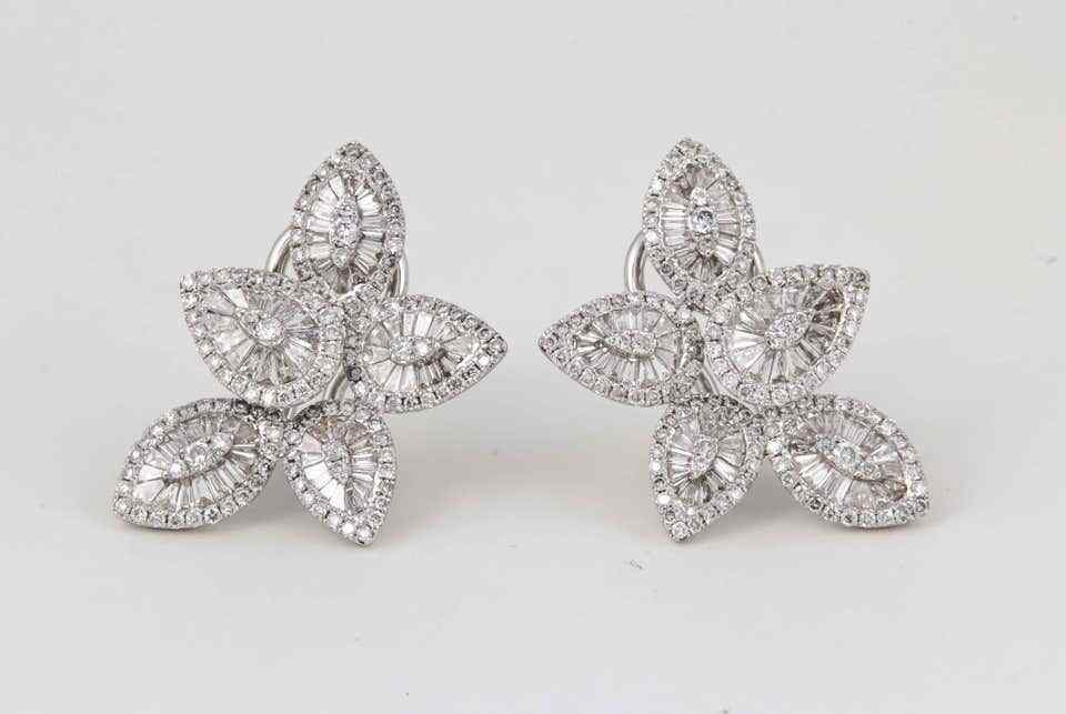 Stunning Baguette and Round Diamond Gold Cluster Earrings