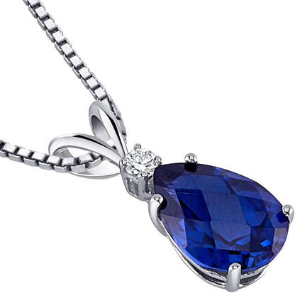 Created Blue Sapphire with Genuine Diamond Pendant for Women 14K White Gold, Ele