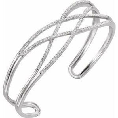 14K White Gold 3/4 Ct Diamond Criss-Cross Cuff 7" Bracelet