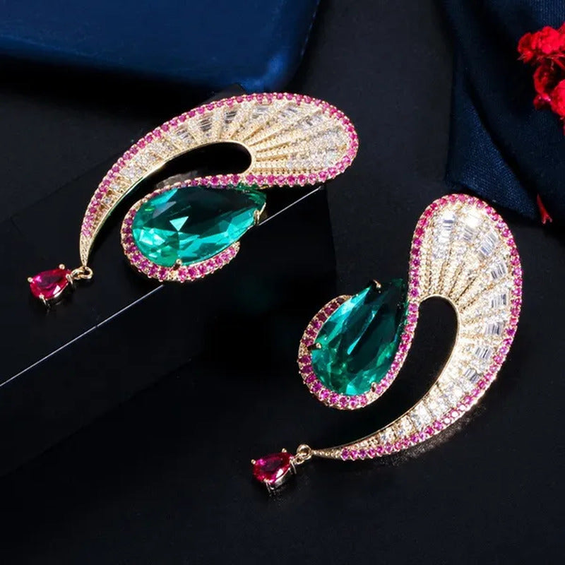CANDICE Noble Micro Pave Tiny CZ Diamond Unique Leaf Shape Earrings with Emerald