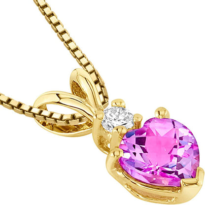 Created Pink Sapphire with Genuine Diamond Pendant in 14 Karat Yellow Gold, Hear
