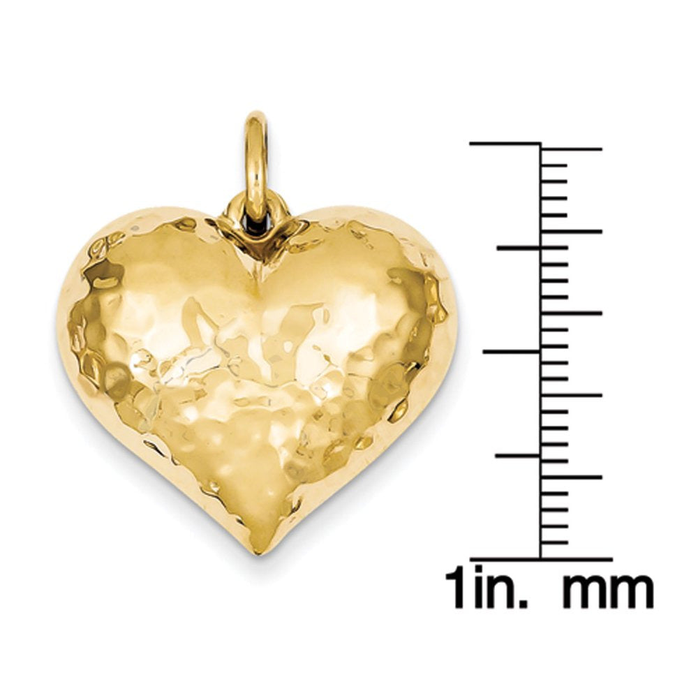 14 Karat Yellow Gold Polished and Hammered Puffed Heart Pendant with 18-Inch Cab