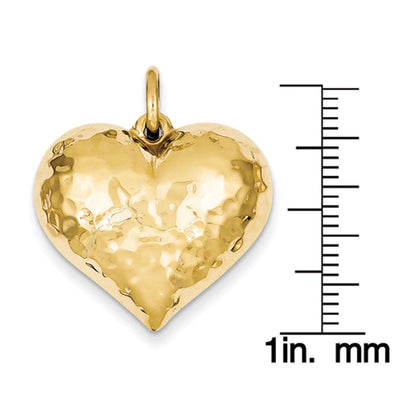 14 Karat Yellow Gold Polished and Hammered Puffed Heart Pendant with 18-Inch Cab