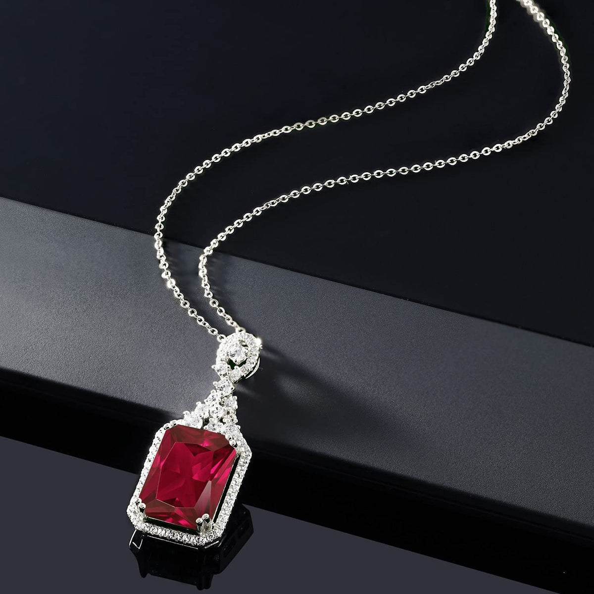 925 Sterling Silver Red Created Ruby Pendant Necklace for Women (5.60 Cttw, Emer