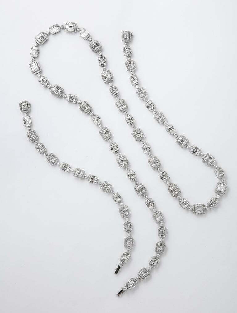 Emerald Cut Long Diamond Illusion Set Necklace and Bracelet Set
