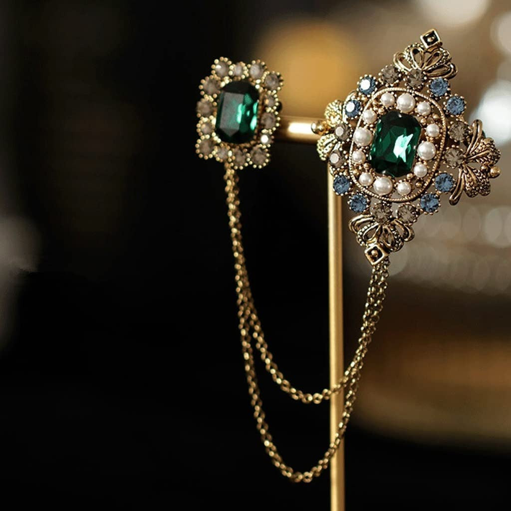 QUUL Tassel Diamond Square Chain Brooch Men'S Shirt Collar Pins and Brooches Pin