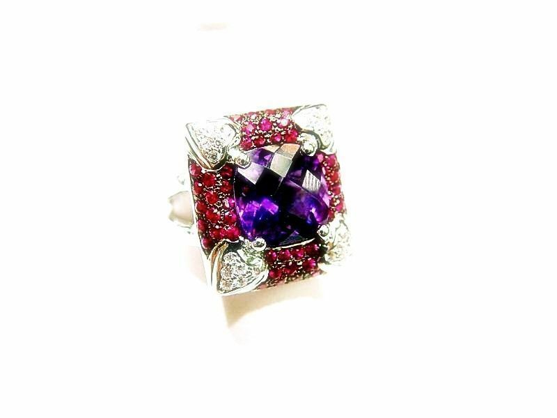 5.51 CT CUSHION SHAPE AMETHYST AND RUBIES 1.29 CT DIAMOND