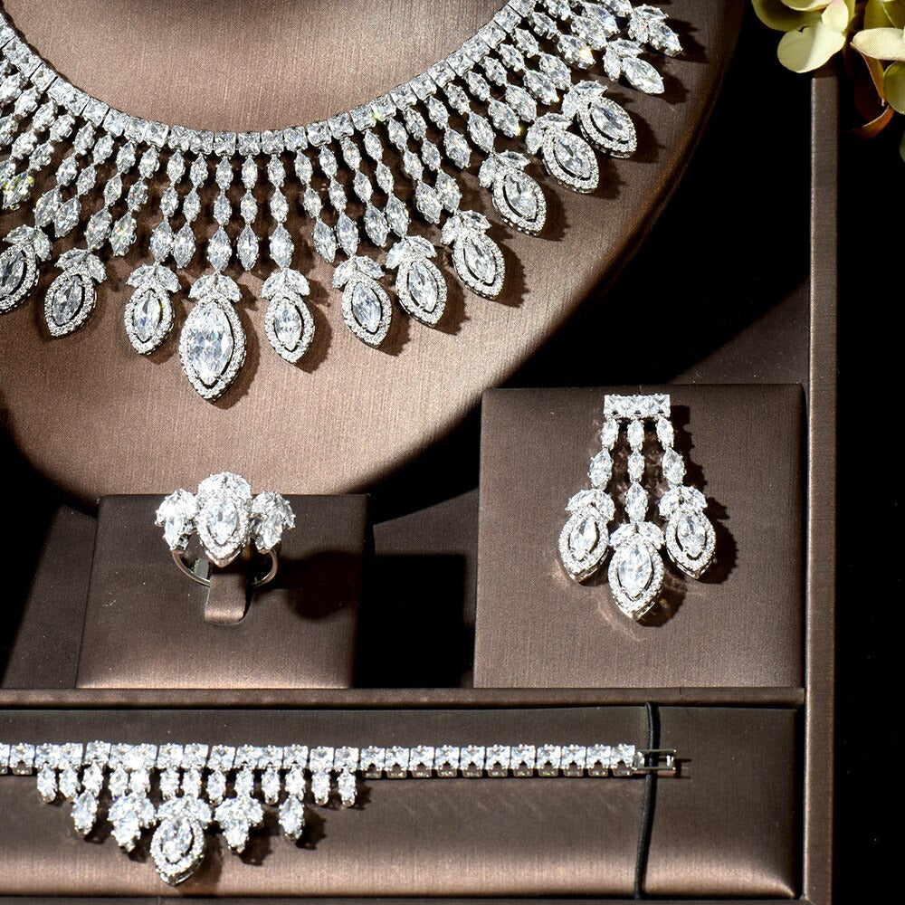 Luxury White Gold Color AAA Cubic Zircon Statement Jewelry Sets Earring