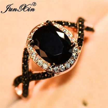 Exquisite Rose Gold Plated Large Oval Stone X Ring Women Filled Black Zircon Cry