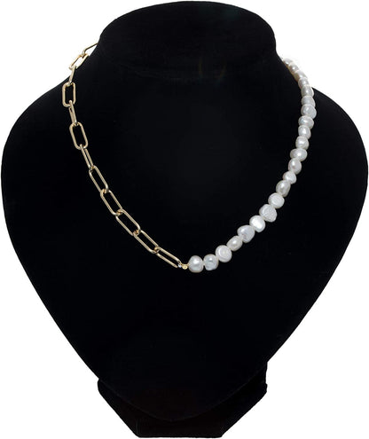 Paper Clip Pearl Necklace Vintage Chunky Link Chain Baroque Cultured Pearls 18K