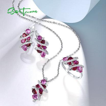 Jewelry Set for Women 925 Sterling Silver Lab Created Pink Sapphire Ruby Pendant