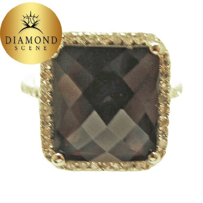 GARNET CUT-CORNERED RECTANGULAR MULTIFACETED DIAMOND RING GARNET DIAMOND RING