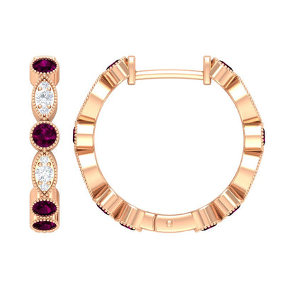 0.75 CT Rhodolite and Diamond Hoop Earrings, Rhodolite Vintage Earrings, Hoop Ea