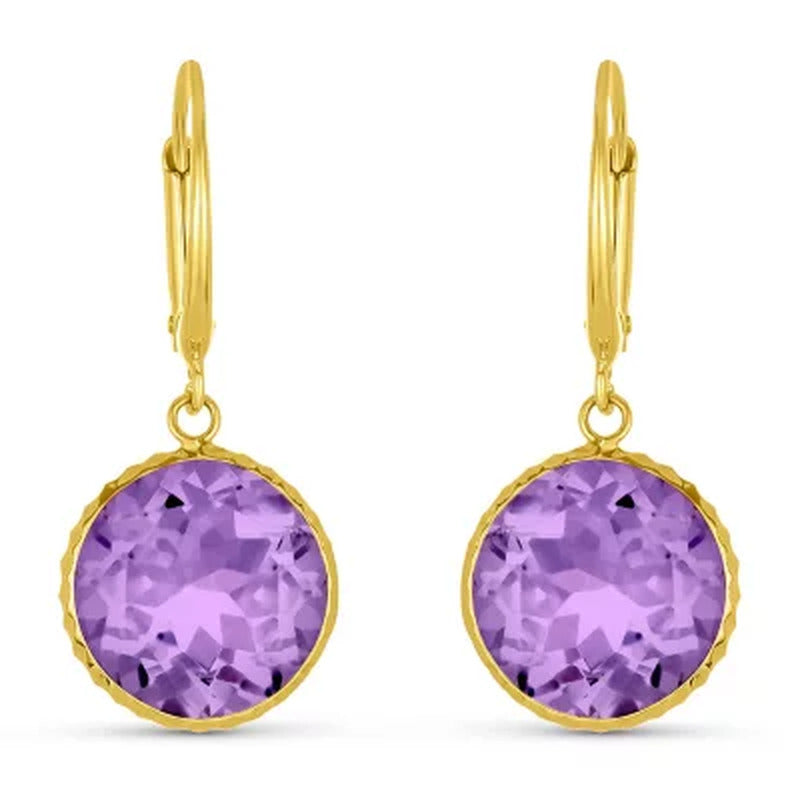 Amethyst 12MM round Gemstone Dangle Earrings in 14K Yellow Gold