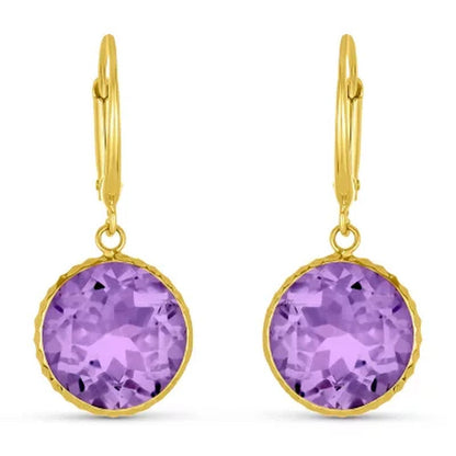 Amethyst 12MM round Gemstone Dangle Earrings in 14K Yellow Gold