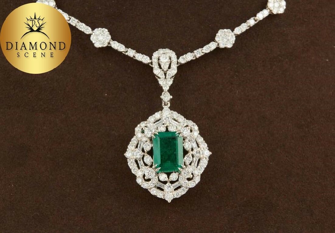 Green Emerald Diamond White Gold Pendant Necklace