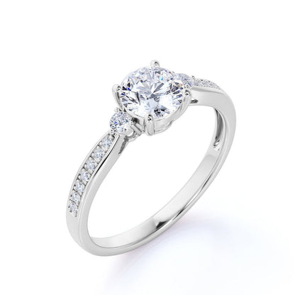 Three Stone 1.25 Carat round Brilliant Moissanite and Diamond Engagement Ring in