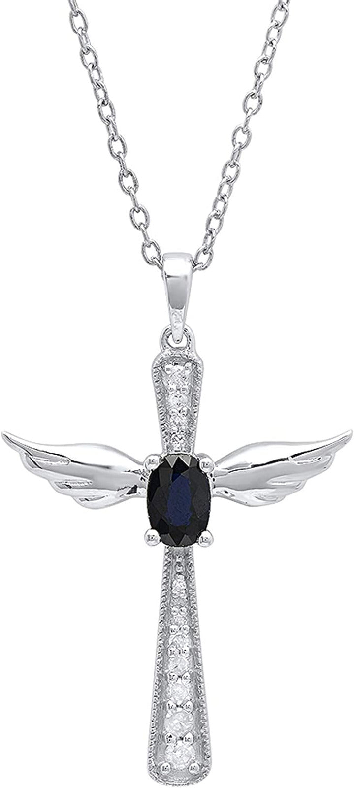 6X4 MM Oval Gemstone & round Diamond Angel Cross Pendant (Silver Chain Included)