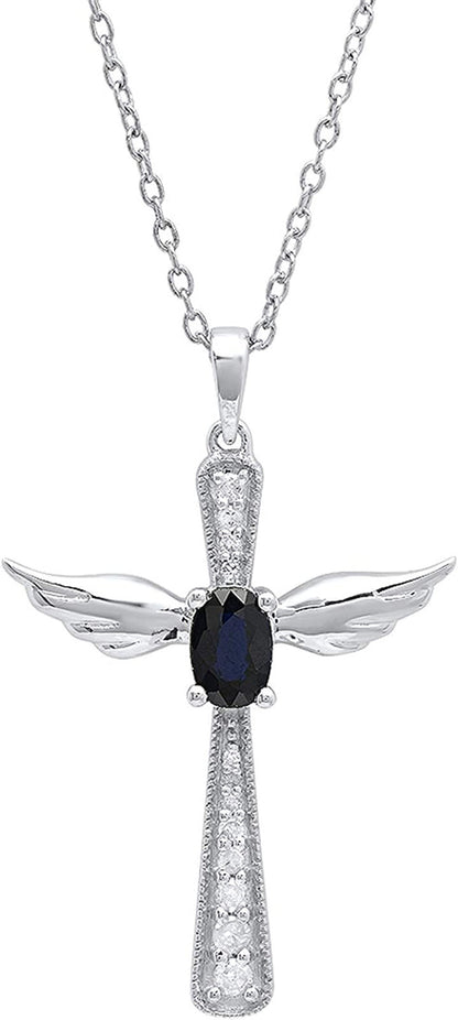 6X4 MM Oval Gemstone & round Diamond Angel Cross Pendant (Silver Chain Included)