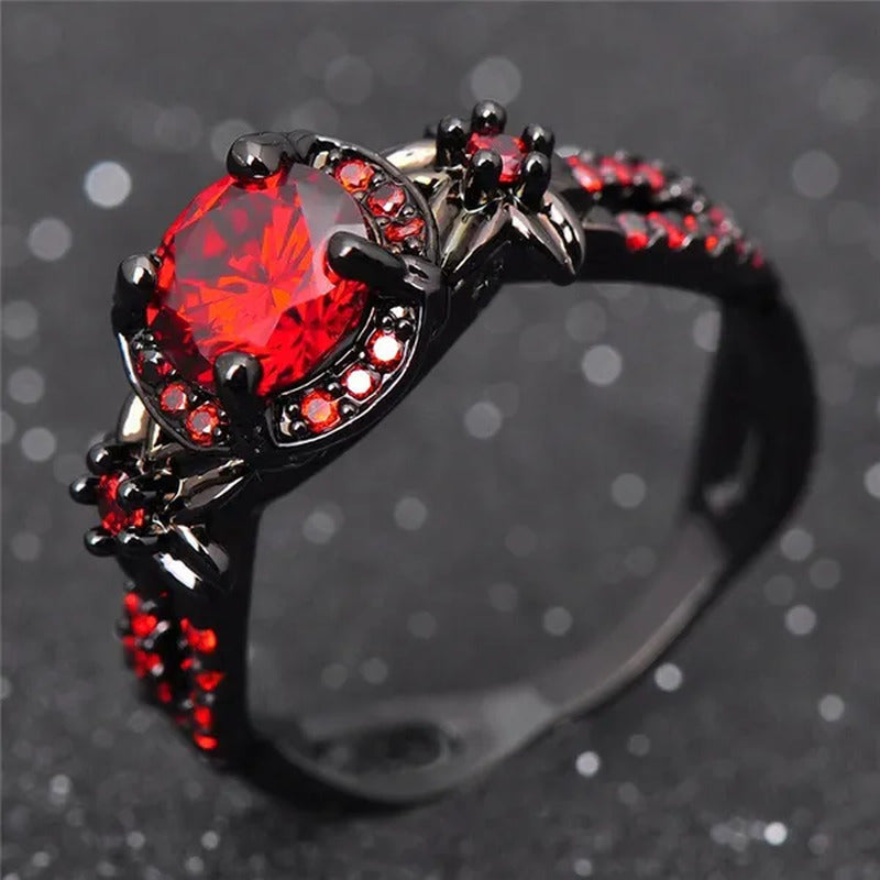 Exquisite Flower Shiny Red Garnet Ring Fashion Jewelry Vintage Black Gold Filled