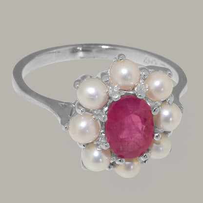 LBG British Made 925 Sterling Silver Natural Ruby & Cultured Pearl Womens Statem