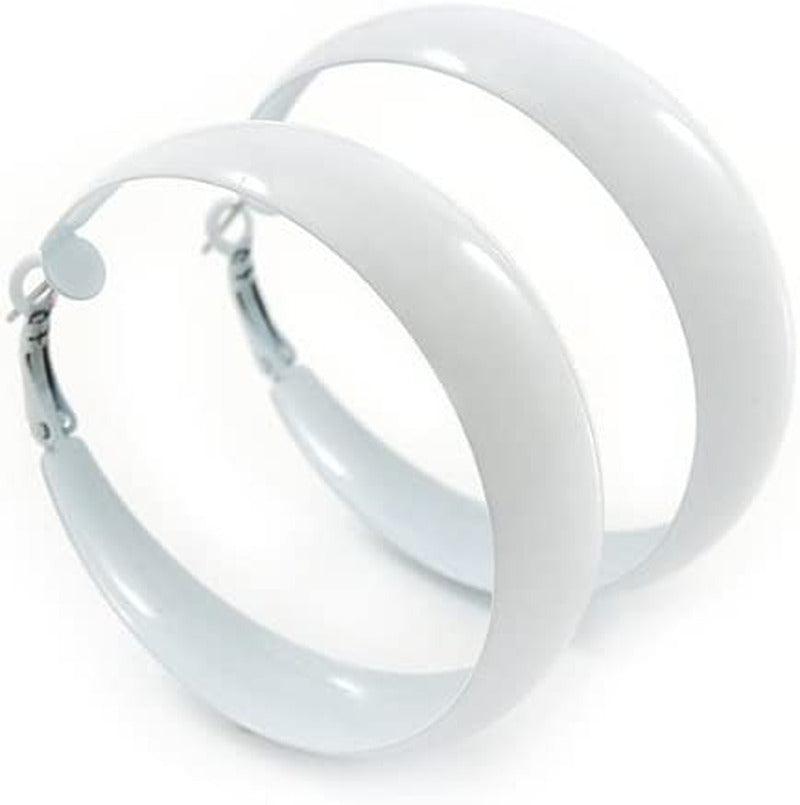 Wide Large White Enamel Hoop Earrings - 55Mm Diameter