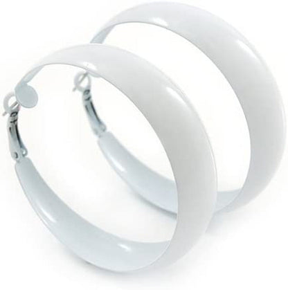 Wide Large White Enamel Hoop Earrings - 55Mm Diameter
