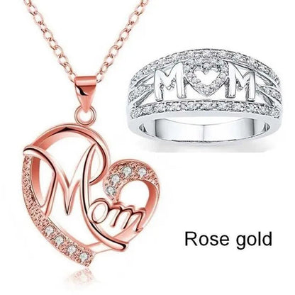 MOM Necklace and Ring Set Zircon Plated 925 Silver Jewelry Set Love Gift for Mot