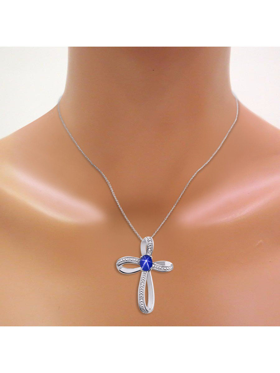 Diamond & Blue Star Sapphire Cross Pendant Necklace Set in Set in 14K White Gold