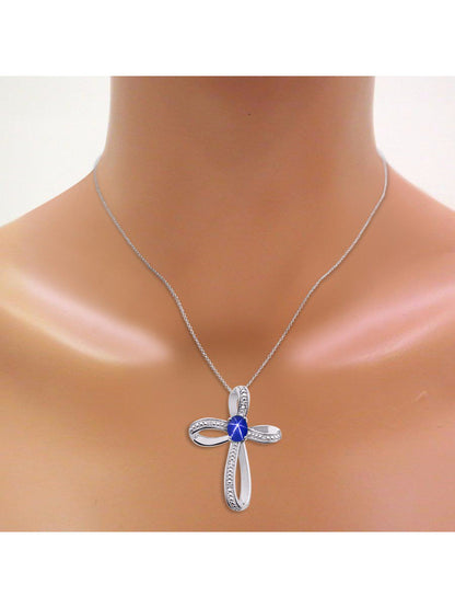Diamond & Blue Star Sapphire Cross Pendant Necklace Set in Set in 14K White Gold