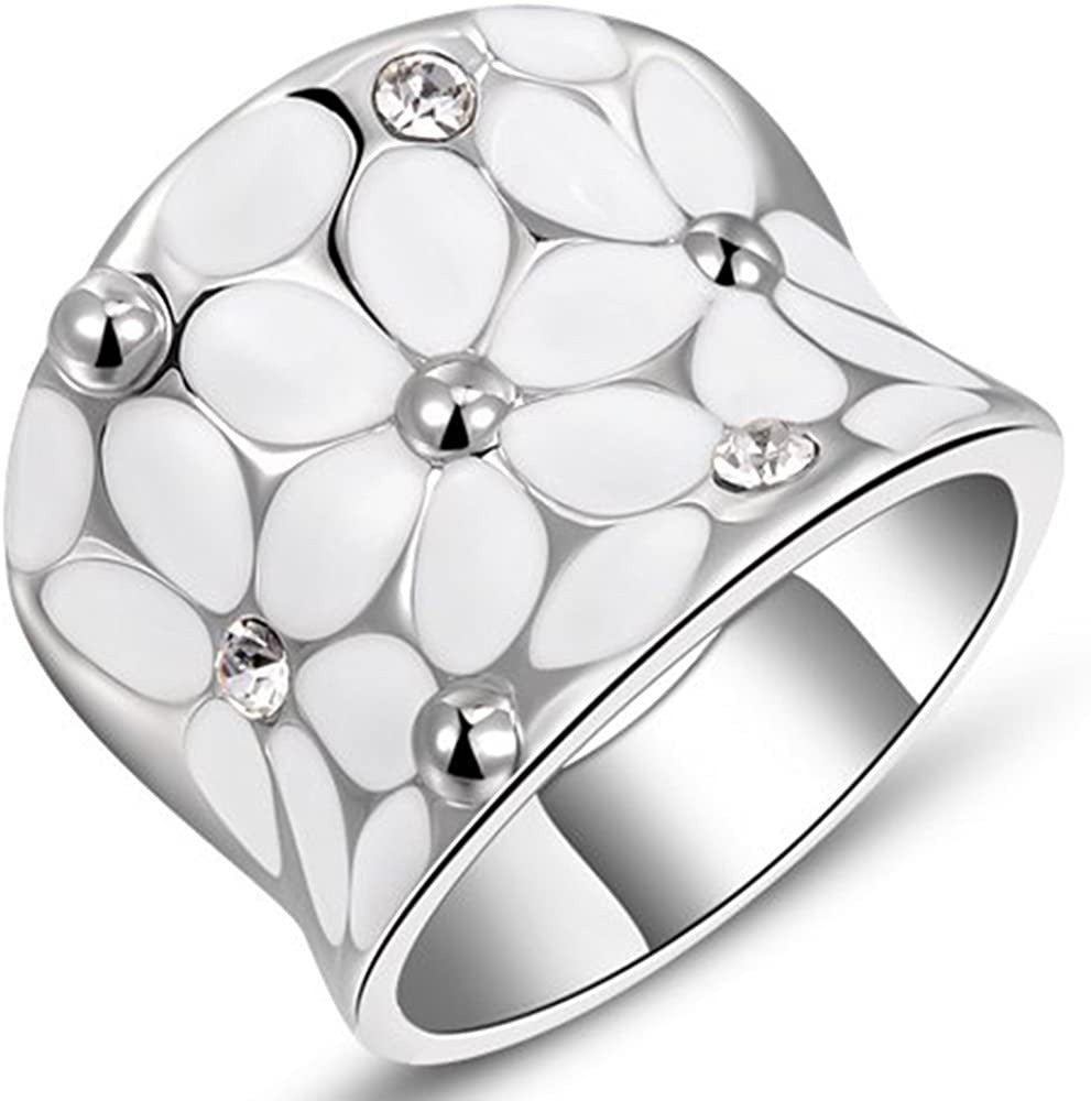 Womens Elegant Enamel Flower White Gold Band Bloom Petal Platinum Wedding Engage