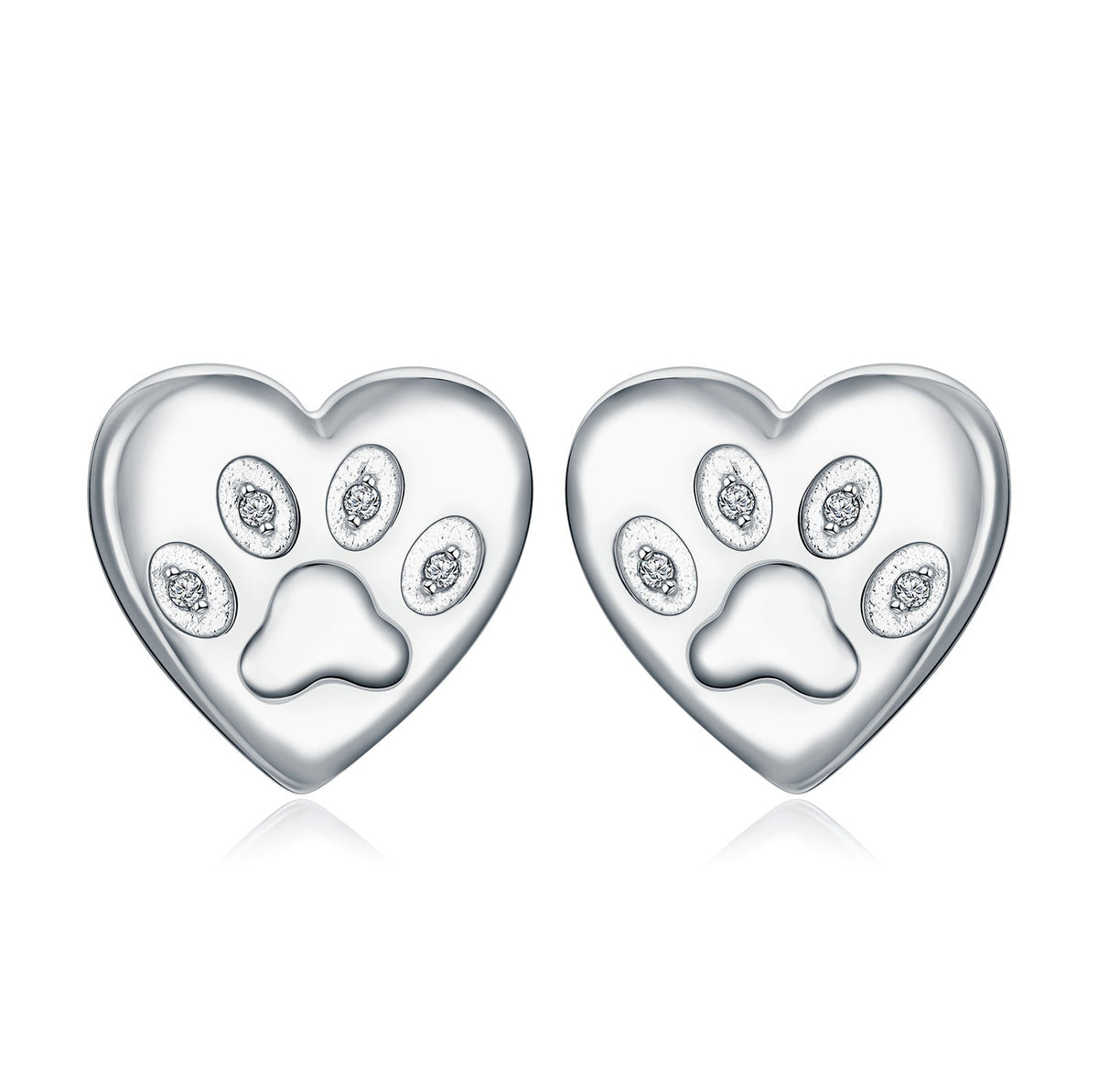 Paw Earrings Stud with Diamonds in White Gold Plated Sterling Silver