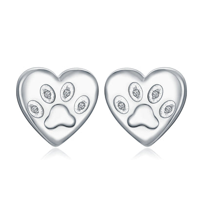 Paw Earrings Stud with Diamonds in White Gold Plated Sterling Silver