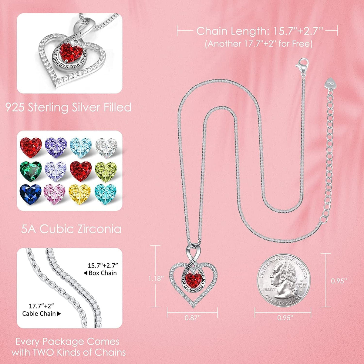 Jewelry for Women Infinity Heart Birthstone Necklace 18K Rose Gold / 925 Sterlin