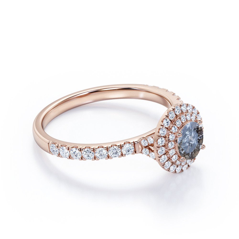 1.25 Carat round Brilliant Cut Grey Salt and Pepper Diamond with Moissanite Pave