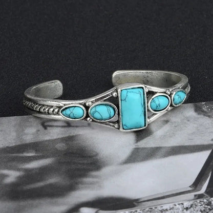 Women Vintage Jewelry Soild Sterling Natural Gemstone Turquoise Bracelet Adjusta