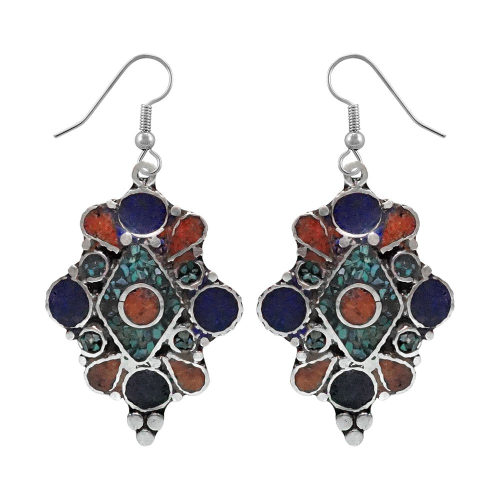 Ethnic Tribal Gypsy Drop Earrings for Women Compressed Coral, Turquoise and Lapi