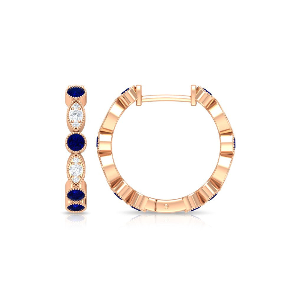 1 CT Blue Sapphire and Diamond Hoop Earrings, Blue Sapphire Vintage Earrings, Ho