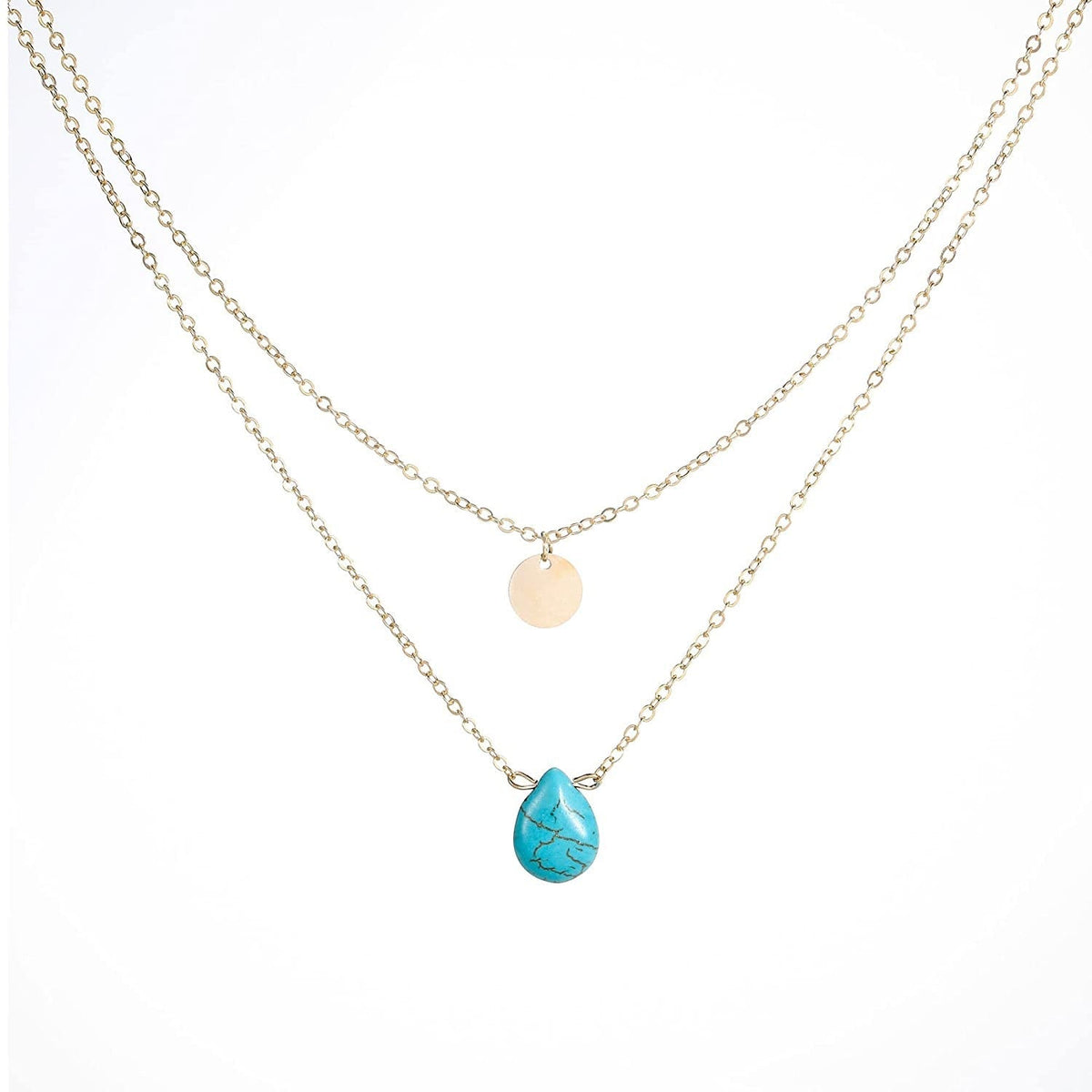 Boho Layered Turquoise Necklaces Gold Sequin Pendant Necklace Chain Jewelry for