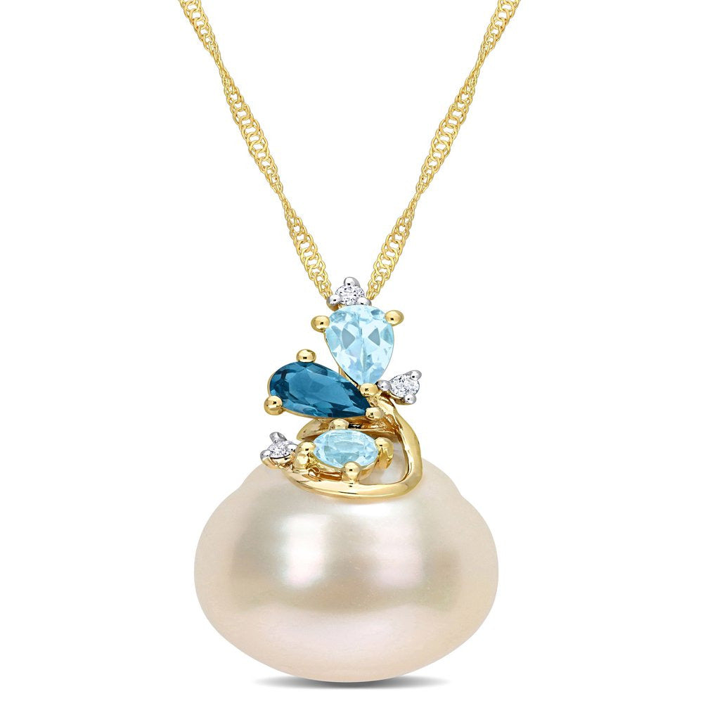 9- 10Mm Drop White South Sea Cultured Pearl & 5/8 Carat London & Sky Blue Topaz