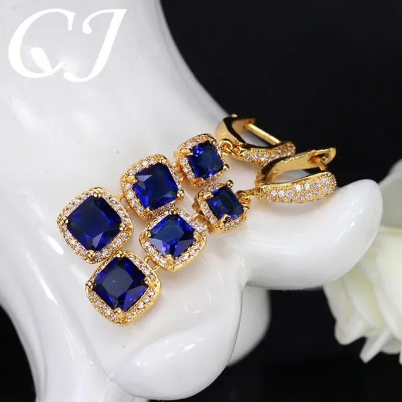 CANDICE Luxury Yellow Gold Plated Drop Earrings Jewelry Square Ruby Red Cubic Zi