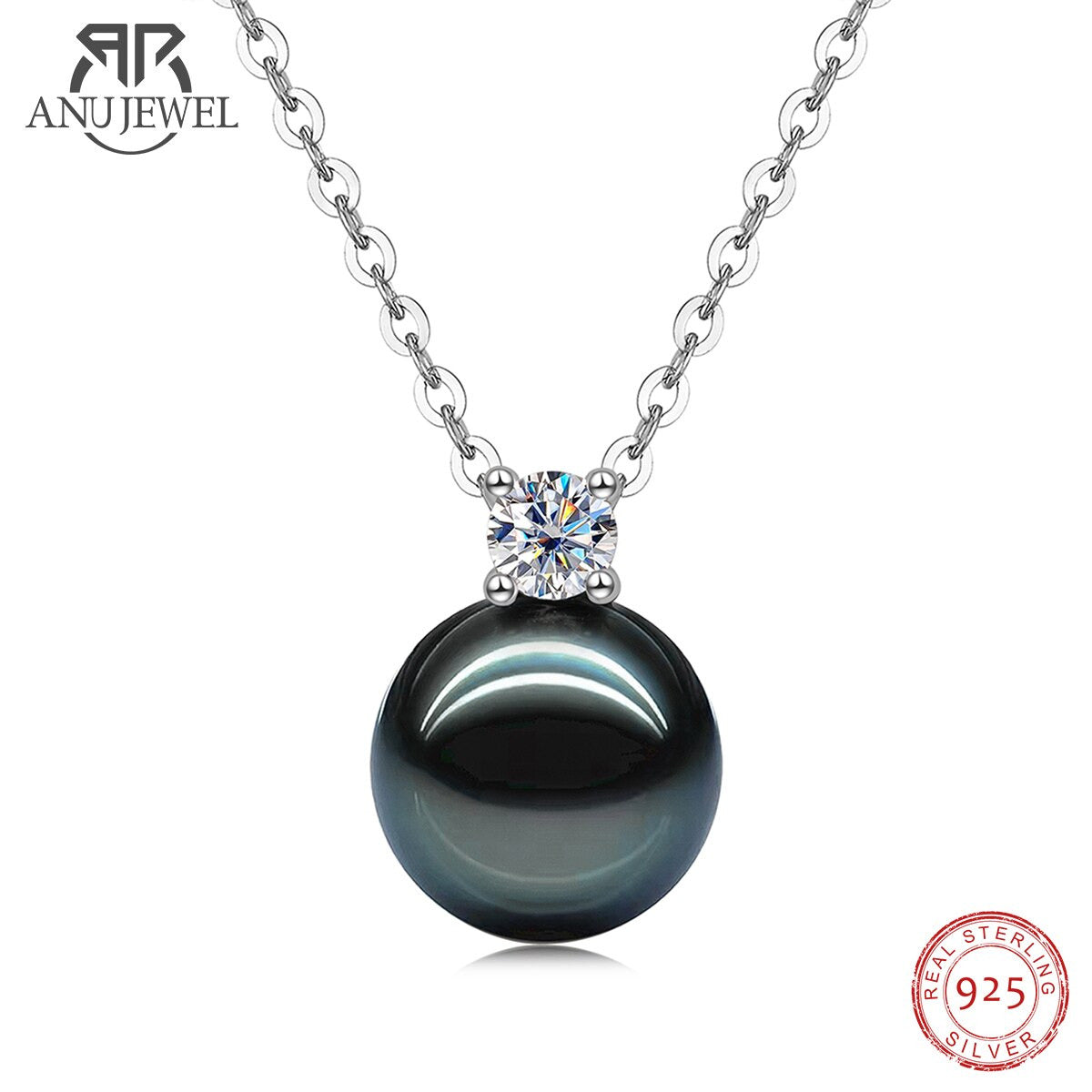 Anujewel 9-10Mm Natural Tahitian Black Pearl 0.3Ct Moissanite Diamond Necklace