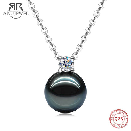Anujewel 9-10Mm Natural Tahitian Black Pearl 0.3Ct Moissanite Diamond Necklace