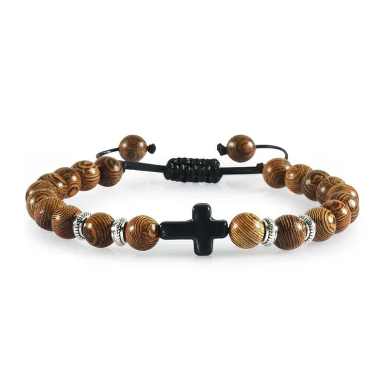 Handmade Natural Stone Wooden Beaded Bracelet Christian Jesus Cross Braided Brac