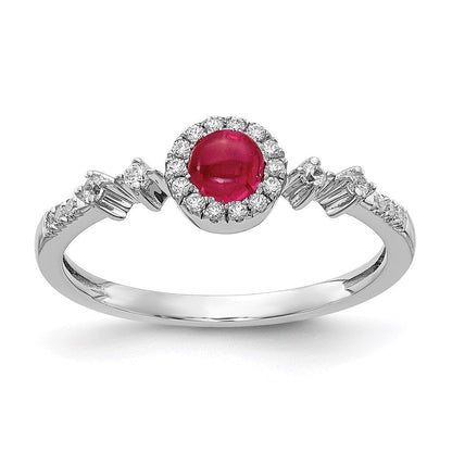 Real 14Kt White Gold Diamond and Cabochon Ruby Halo Ring Size: 7; for Adults and
