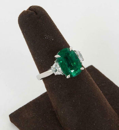 Fine 4.21 Carat GIA Cert Minor Oil Emerald Diamond Platinum Ring