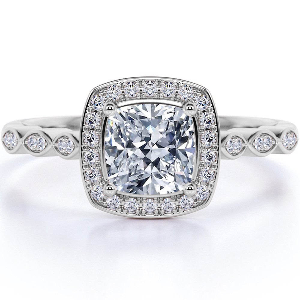 1.25 Carat Cushion Cut Moissanite and Diamond Vintage Engagement Ring in 10K Whi