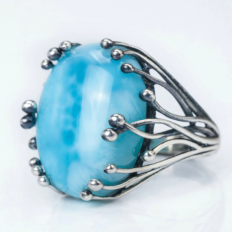 Natural Larimar 925 Silver Rings for Women Blue Larimar Gemstone Man Big Rings F